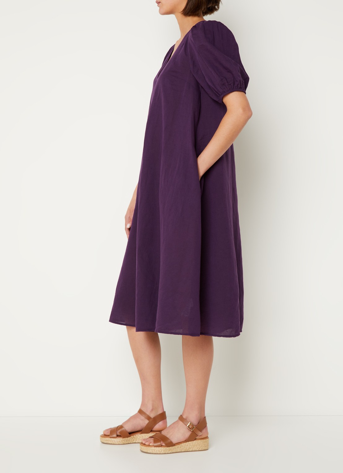 Phase Eight Lotty midi jurk in linnenblend met steekzakken - voorkant 3 aubergine