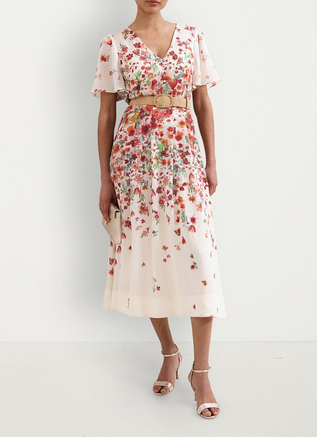 Phase Eight Lovette midi jurk in linnenblend met bloemenprint - voorkant 3 cream