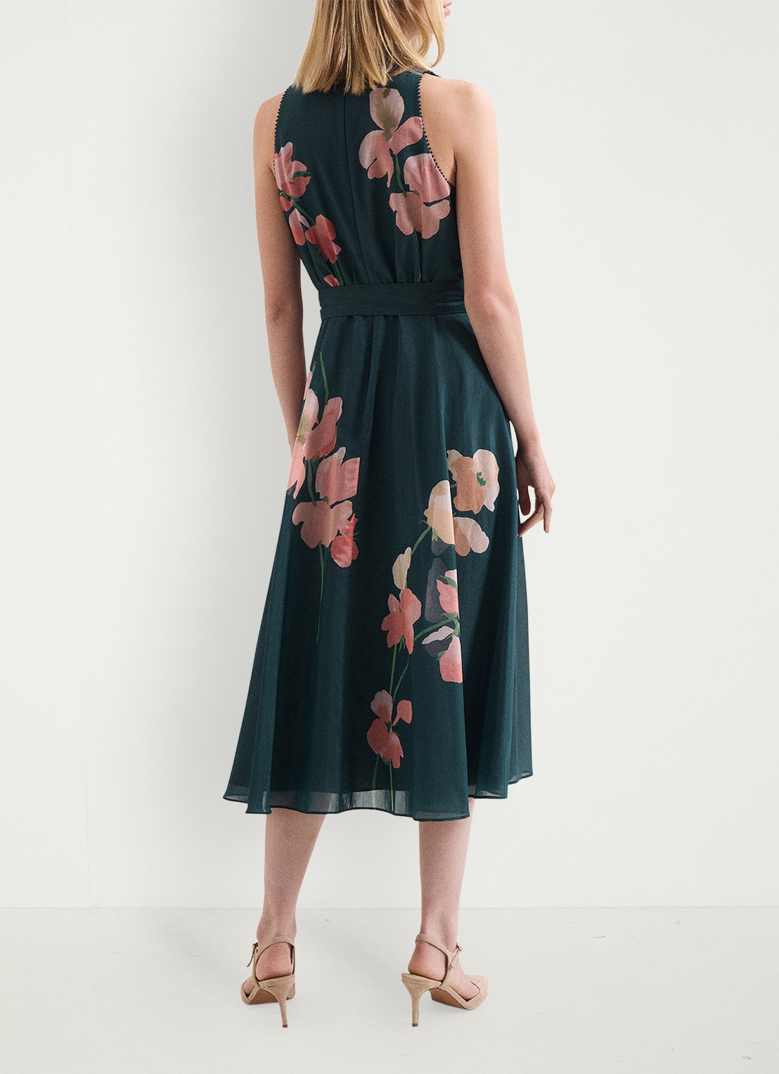 Phase Eight Lucinda midi jurk met bloemenprint - achterkant 8 zeegroen