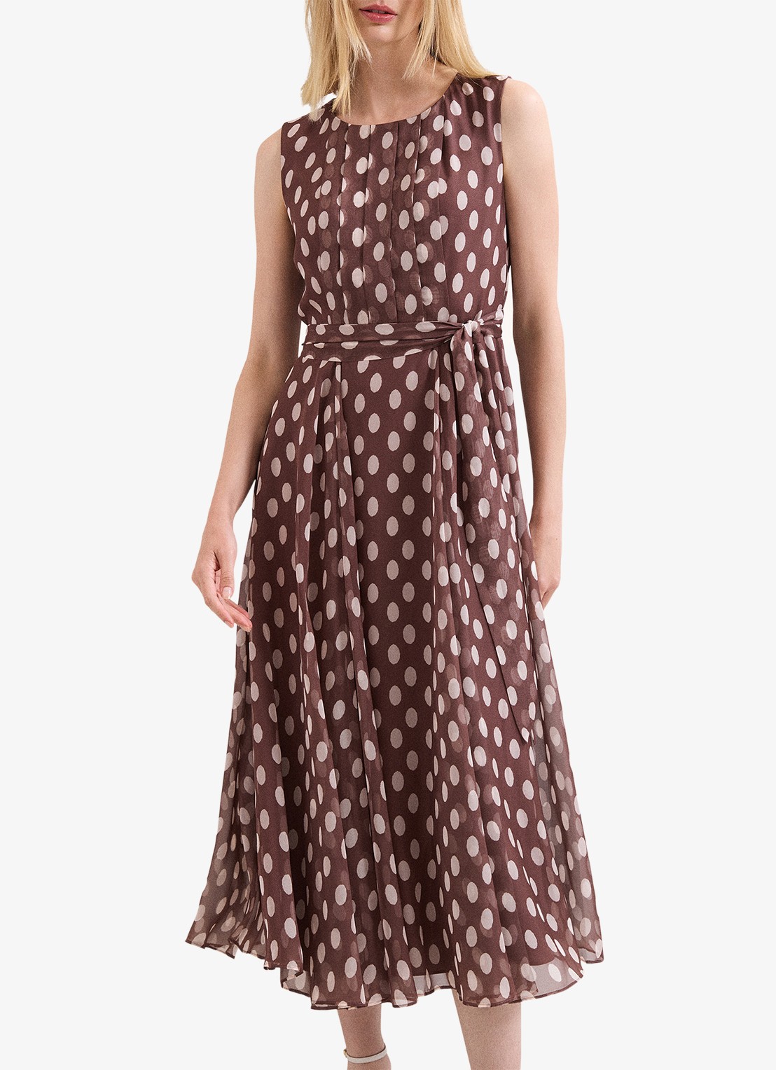 Phase Eight Lucinda midi jurk met stippenprint en plooien  - detail 3 bruin