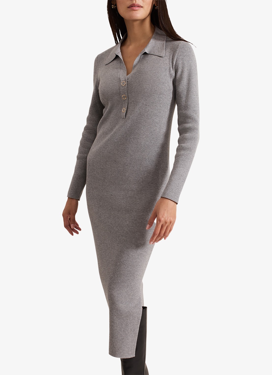 Phase Eight Lucy midi jurk met ribstructuur en split - voorkant 2 grijs