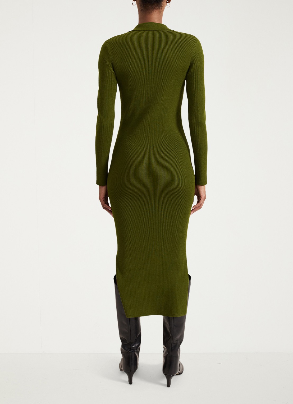 Phase Eight Lucy ribgebreide midi jurk met kraag - achterkant 6 olijfgroen