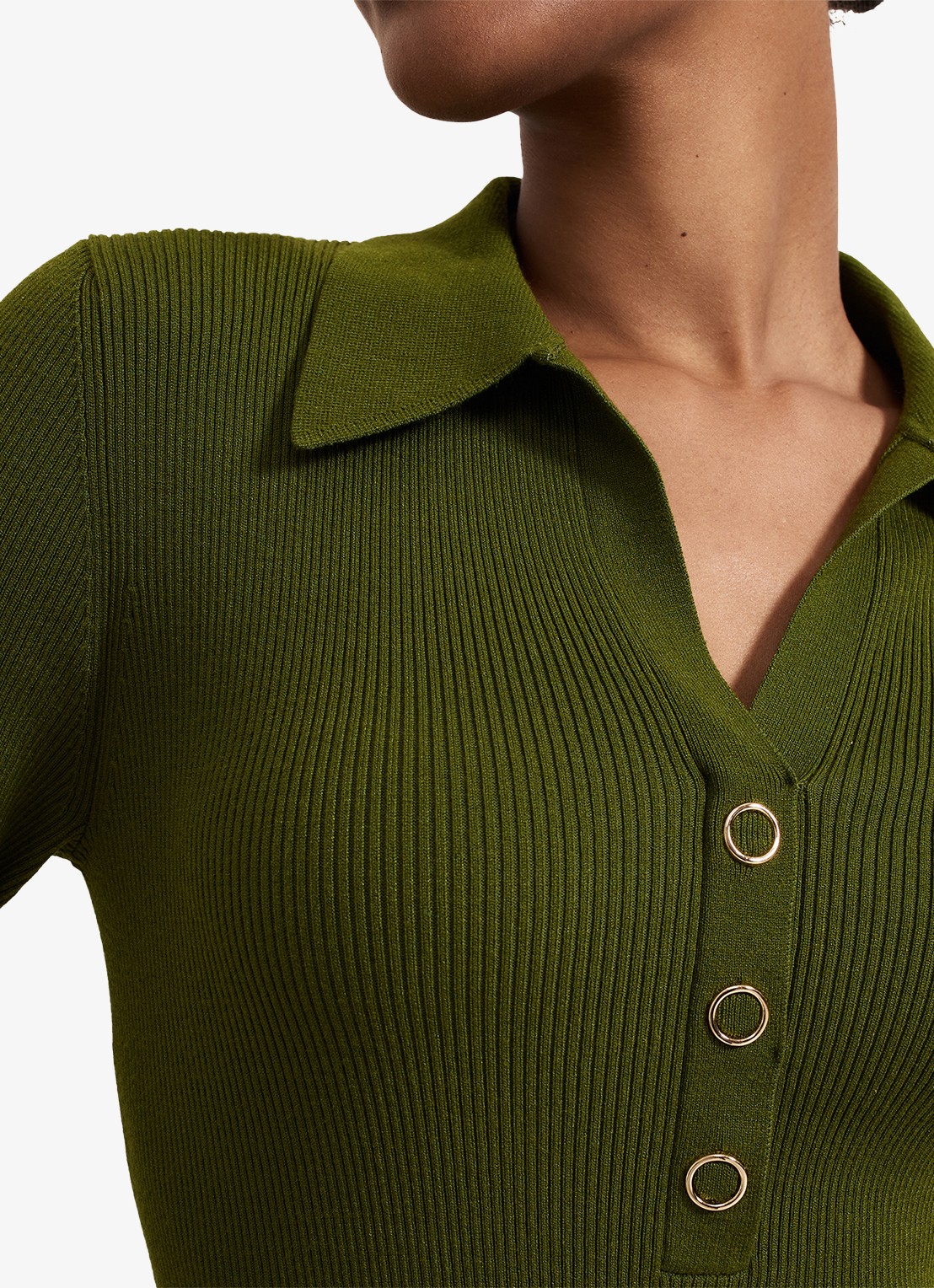 Phase Eight Lucy ribgebreide midi jurk met kraag - detail 4 olijfgroen