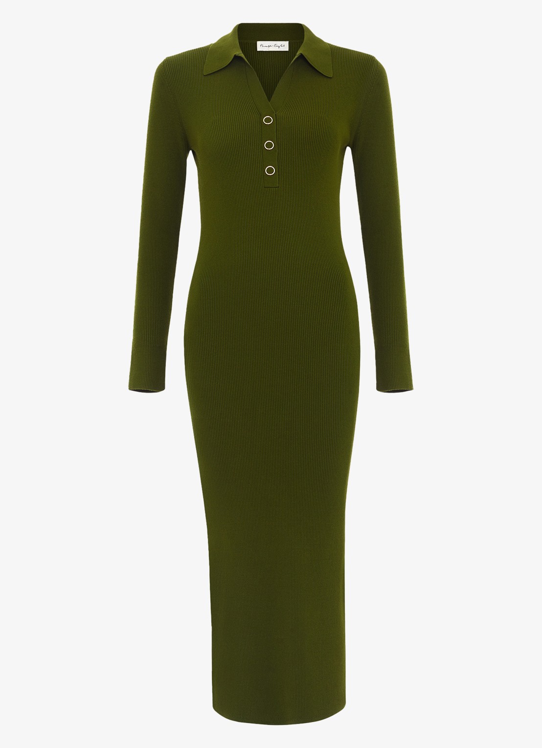 Phase Eight Lucy ribgebreide midi jurk met kraag - voorkant olijfgroen