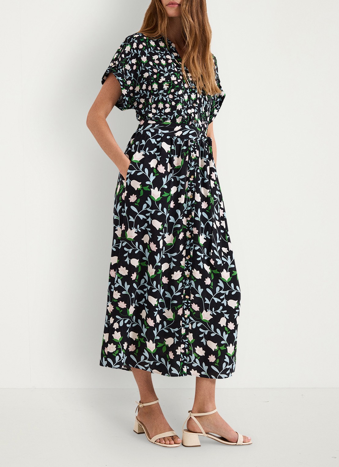 Phase Eight Luisa midi jurk met steekzakken en bloemenprint - detail 3 zwart
