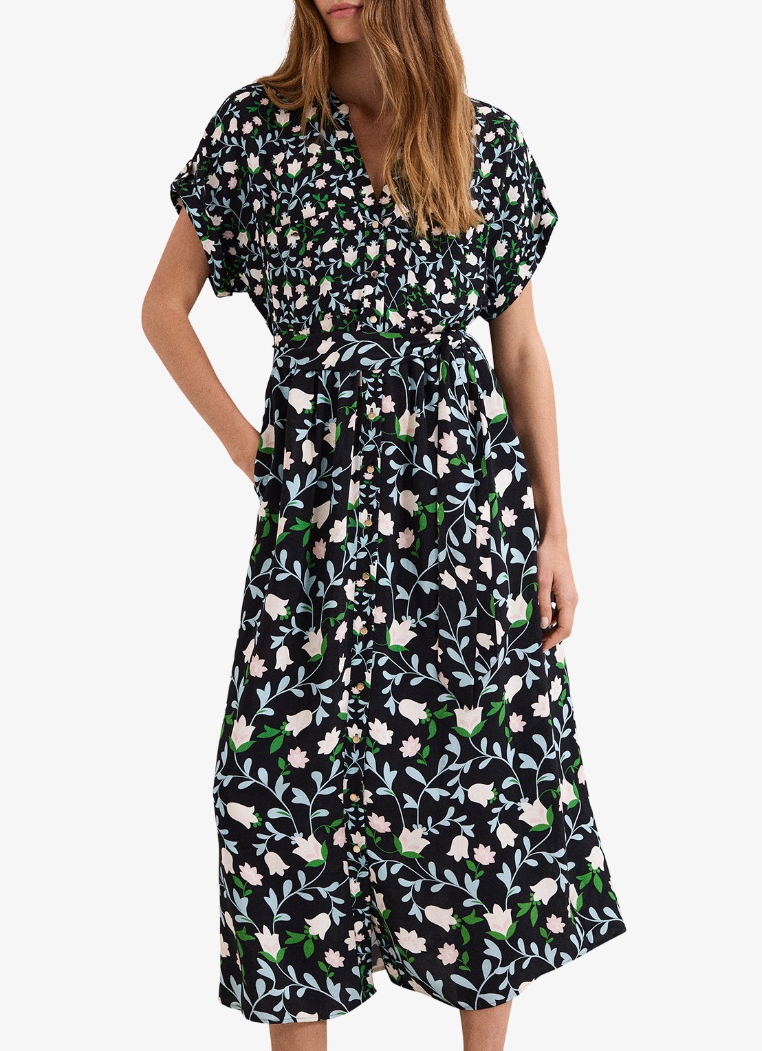 Phase Eight Luisa midi jurk met steekzakken en bloemenprint - voorkant 2 zwart
