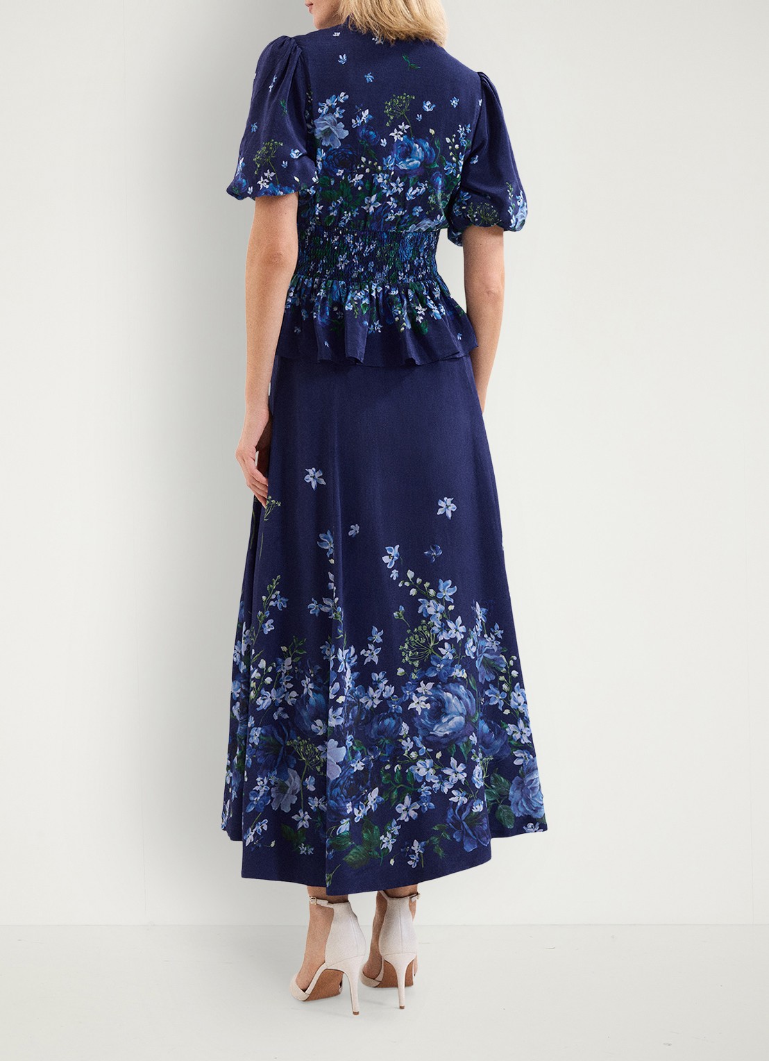 Phase Eight Maeve midi rok met bloemenprint - achterkant 5 donkerblauw