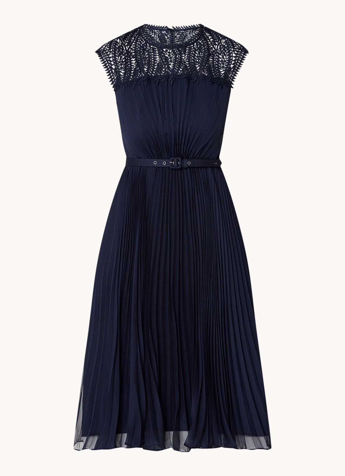 Phase Eight Makaela midi jurk met plissé en ceintuur  - voorkant donkerblauw