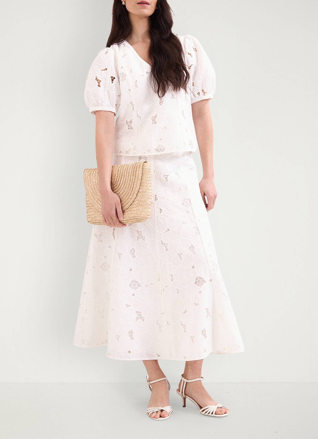 Phase Eight Marina maxi rok met broderie - voorkant 3 ivoor