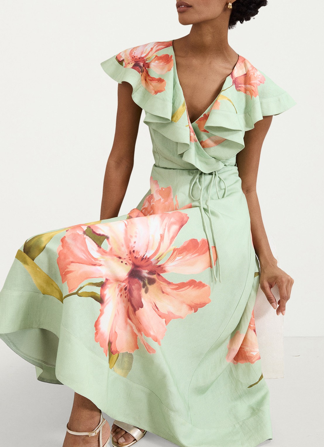 Phase Eight Matilda midi jurk in linnenblend met bloemenprint - detail 5 groen