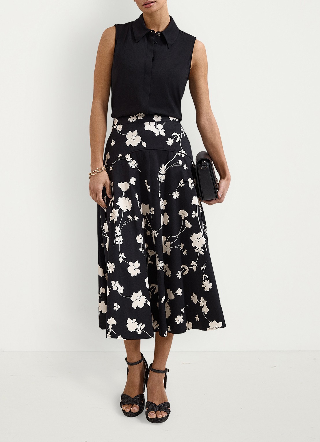 Phase Eight Mavis midi rok met bloemenprint - voorkant 8 zwart