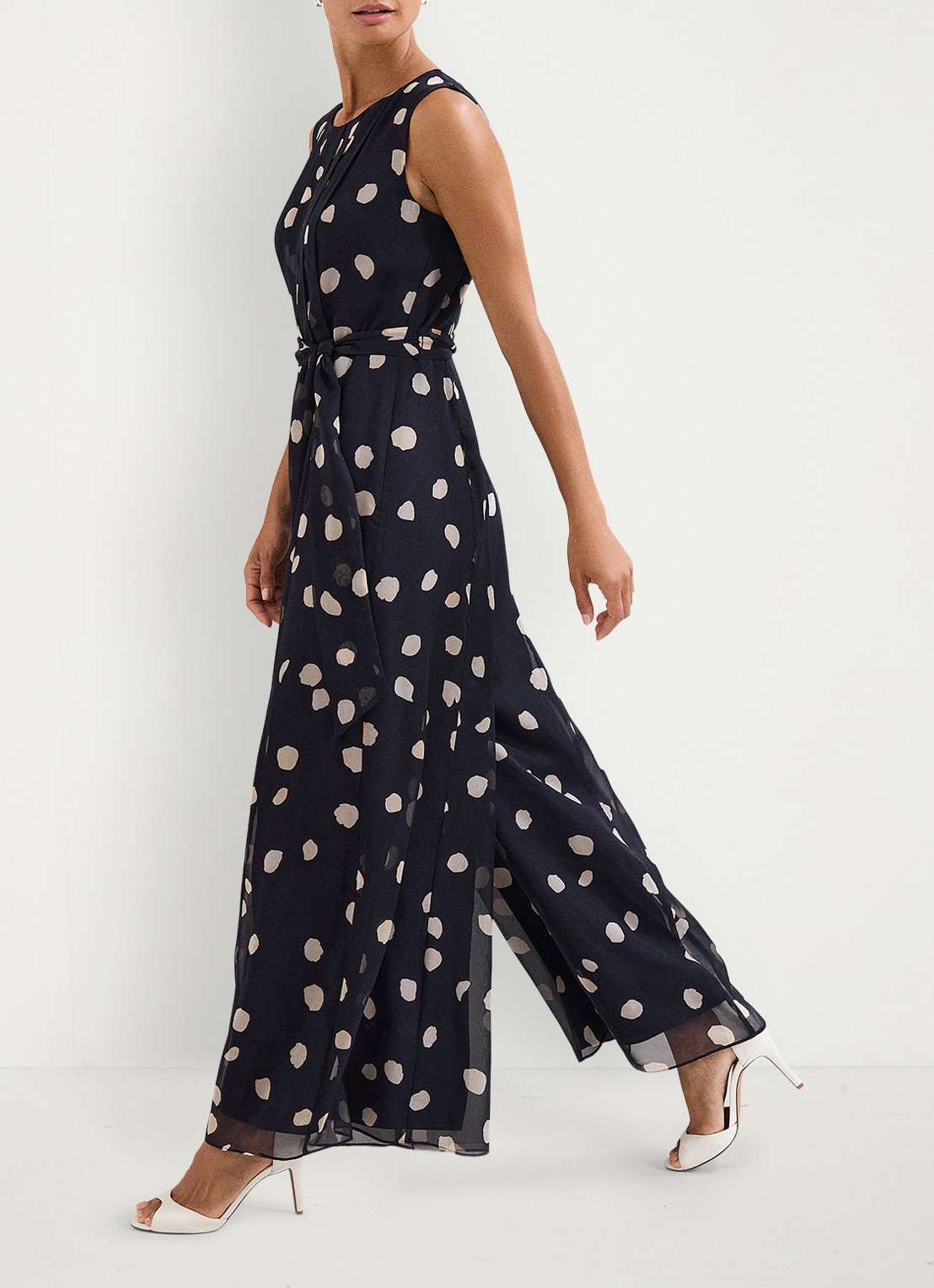 Phase Eight Maxine wide fit jumpsuit met stippenprint - voorkant 2 donkerblauw