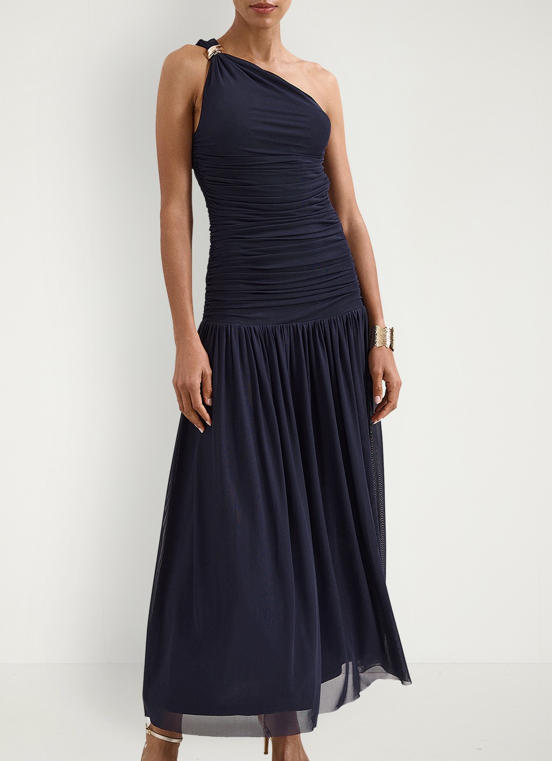 Phase Eight Melina one shoulder maxi jurk met plooidetail - detail 3 donkerblauw