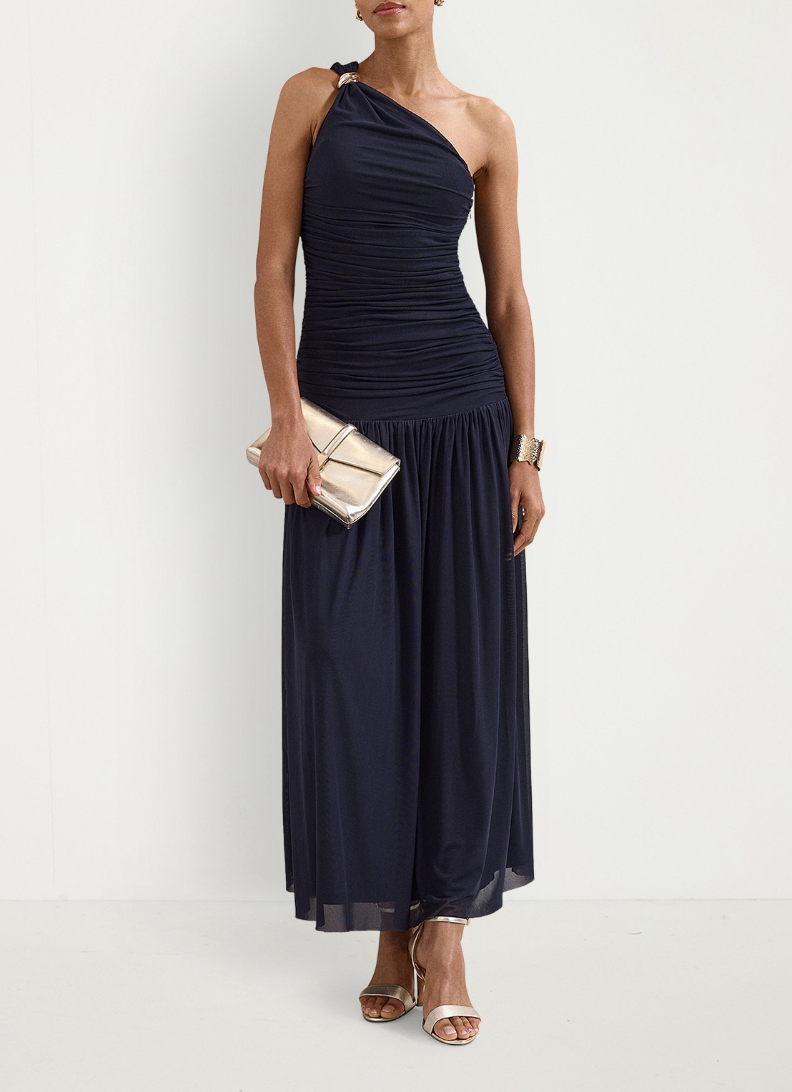 Phase Eight Melina one shoulder maxi jurk met plooidetail - voorkant 2 donkerblauw