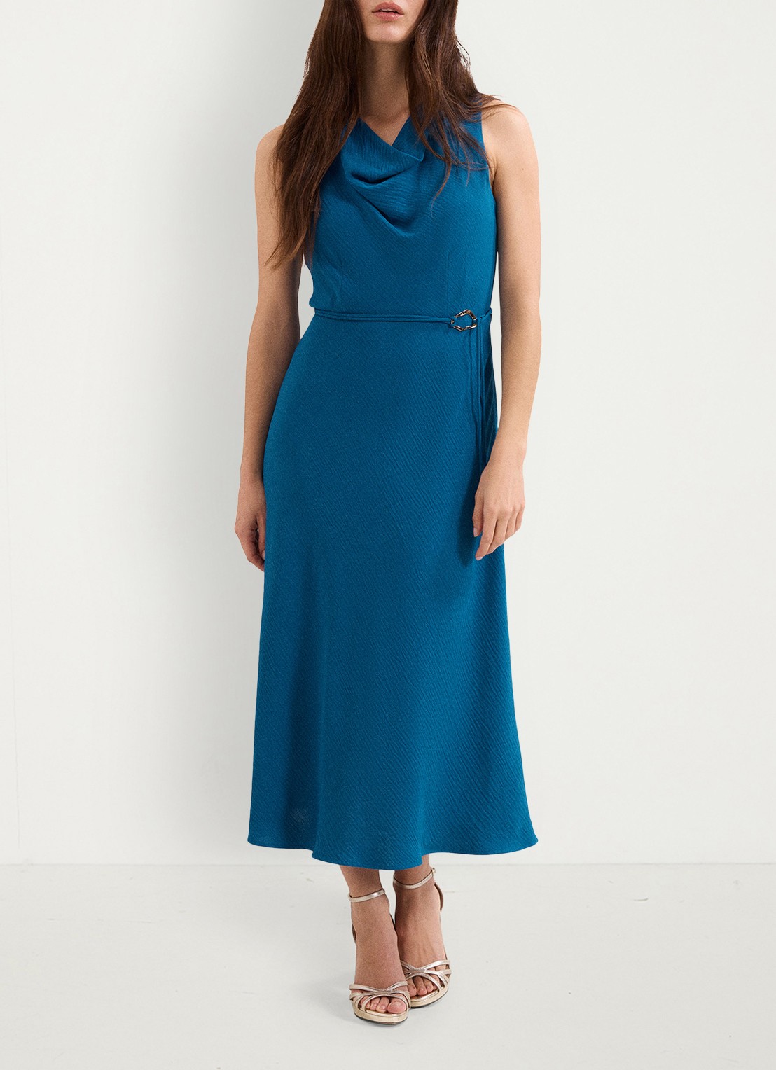 Phase Eight Midi jurk met watervalhals - voorkant 3 donkerblauw