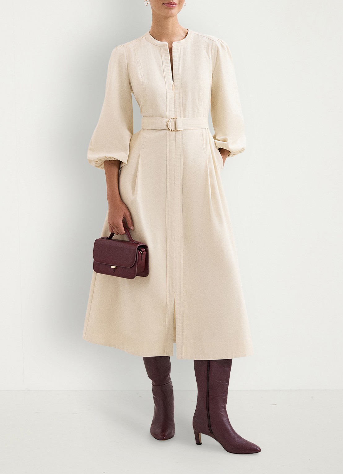 Phase Eight Midi tuniek jurk met strikceintuur - voorkant 3 beige