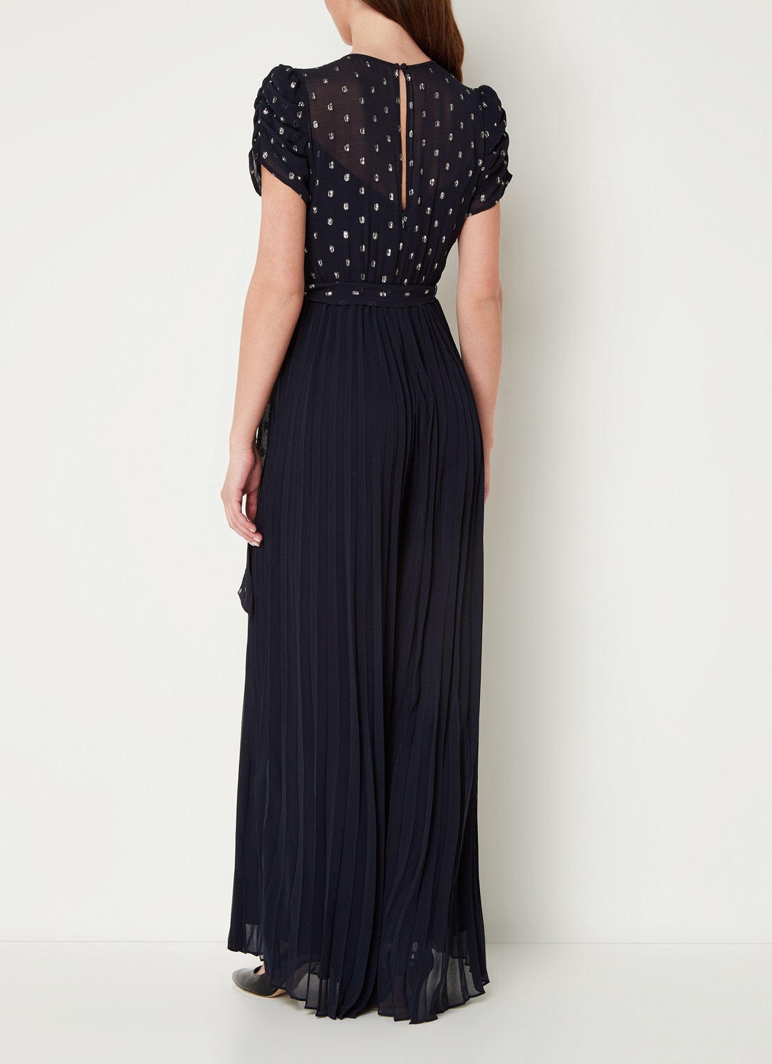 Phase Eight Molli wide fit jumpsuit met stippenprint en strikceintuur - achterkant 4 donkerblauw