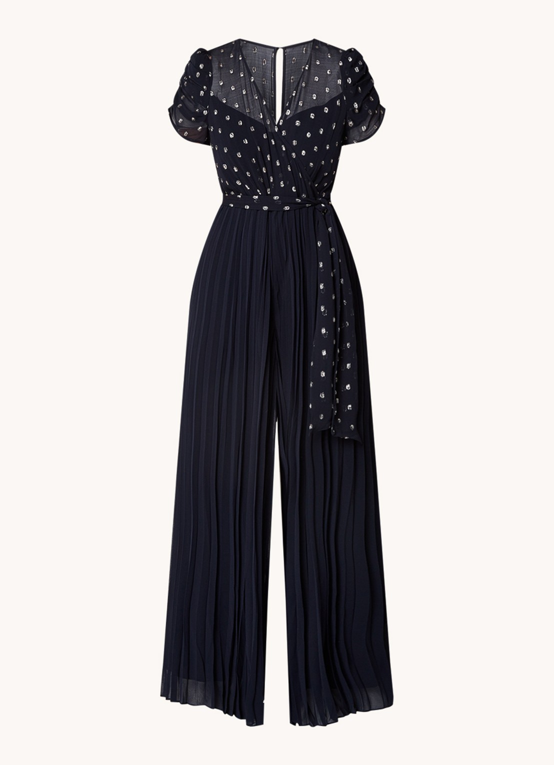 Phase Eight Molli wide fit jumpsuit met stippenprint en strikceintuur - voorkant donkerblauw