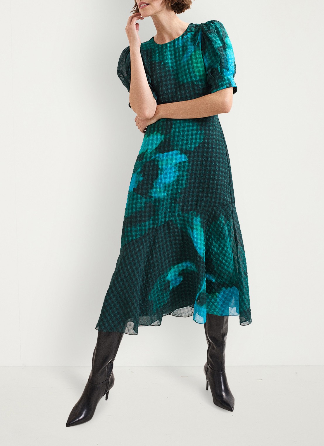 Phase Eight Nancy midi jurk met bloemenprint - voorkant 3 zeegroen