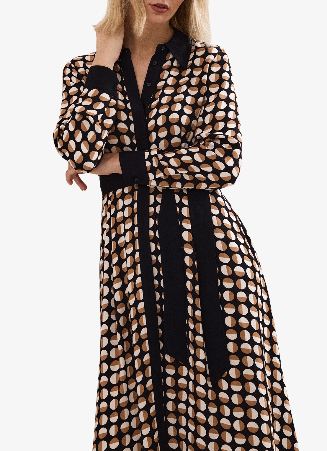Phase Eight Naomi midi blousejurk met strikceintuur en grafische print - detail 3 bruin