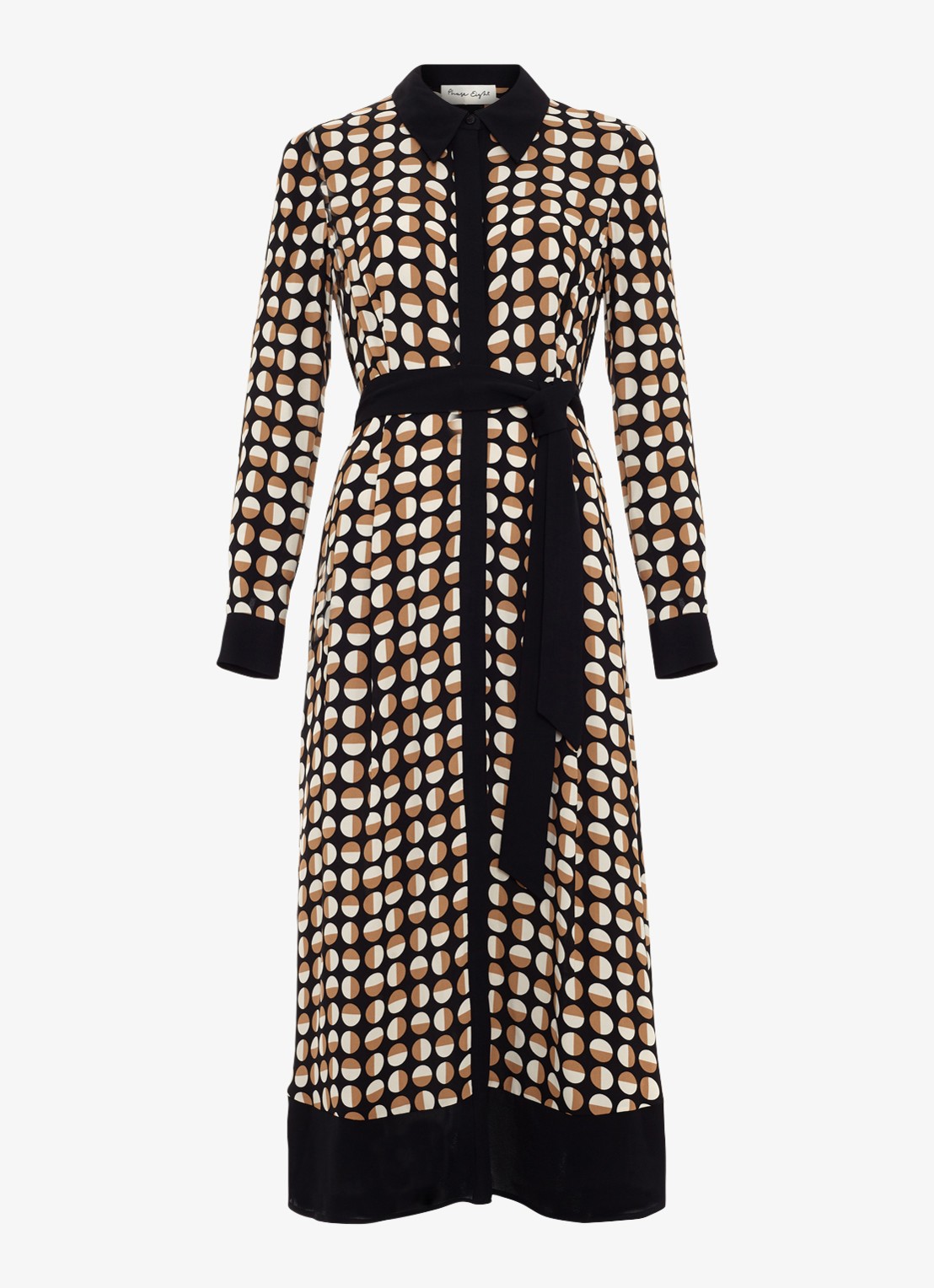 Phase Eight Naomi midi blousejurk met strikceintuur en grafische print - voorkant bruin