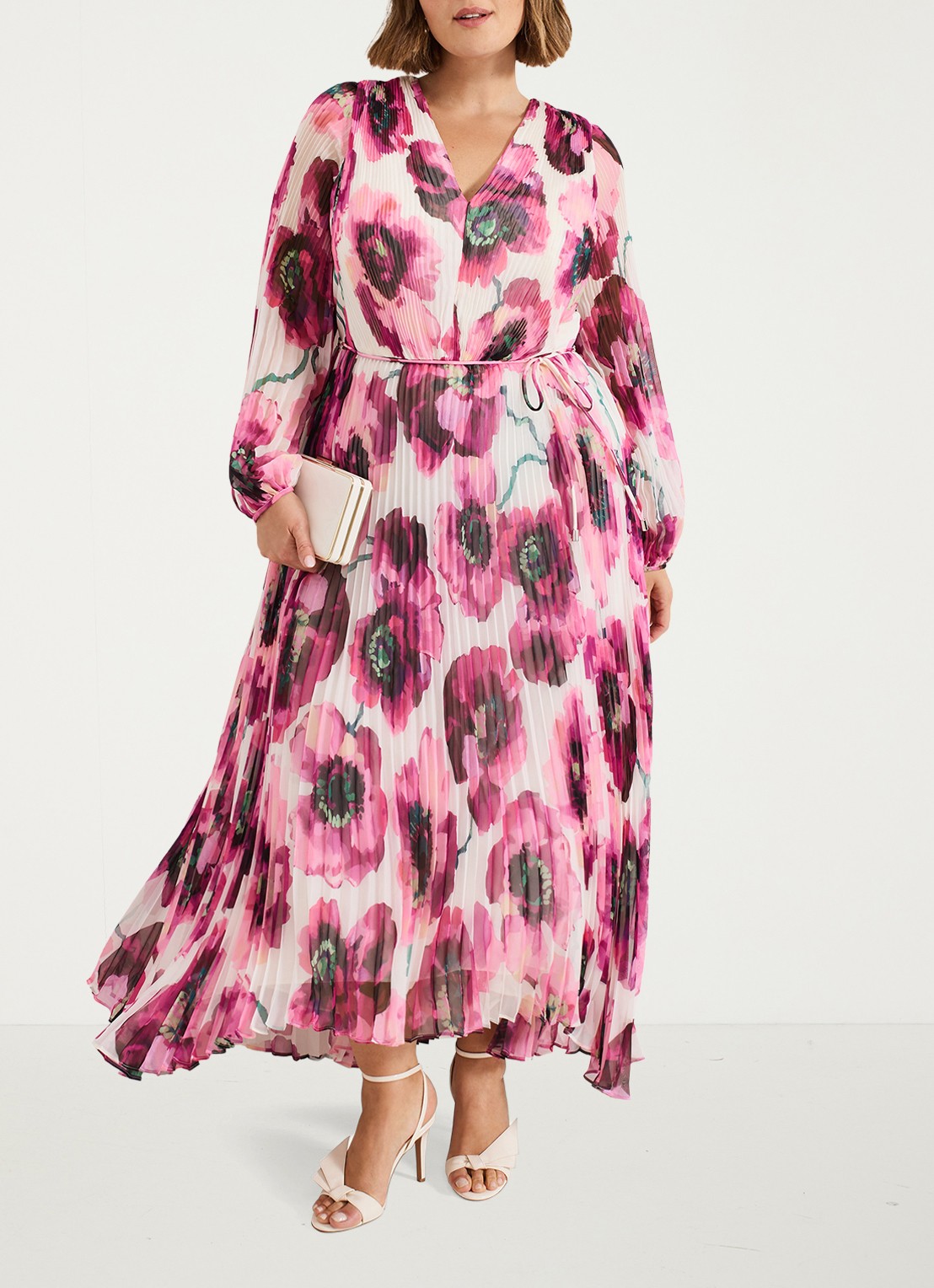 Phase Eight Natalia midi jurk met plissé en asymmetrische zoom - detail 3 donkerroze