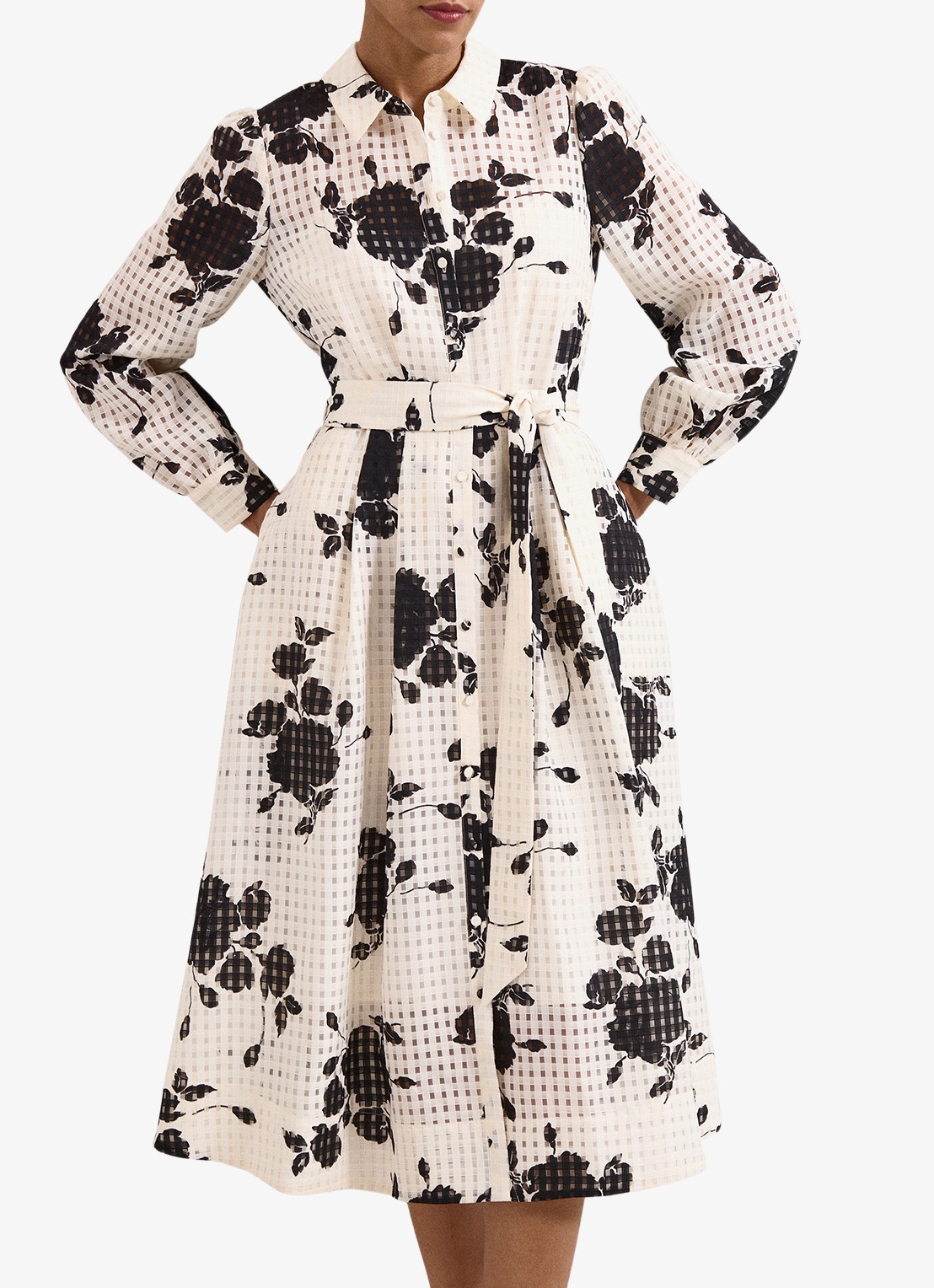 Phase Eight Natalie midi blousejurk met bloemenprint en strikceintuur - detail 4 ivoor