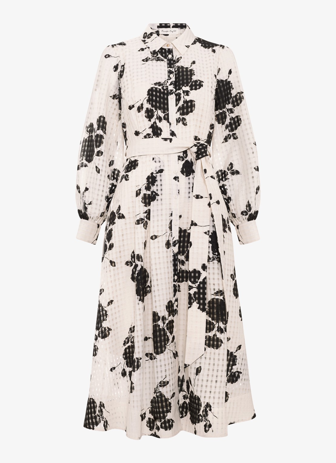 Phase Eight Natalie midi blousejurk met bloemenprint en strikceintuur - voorkant 2 ivoor