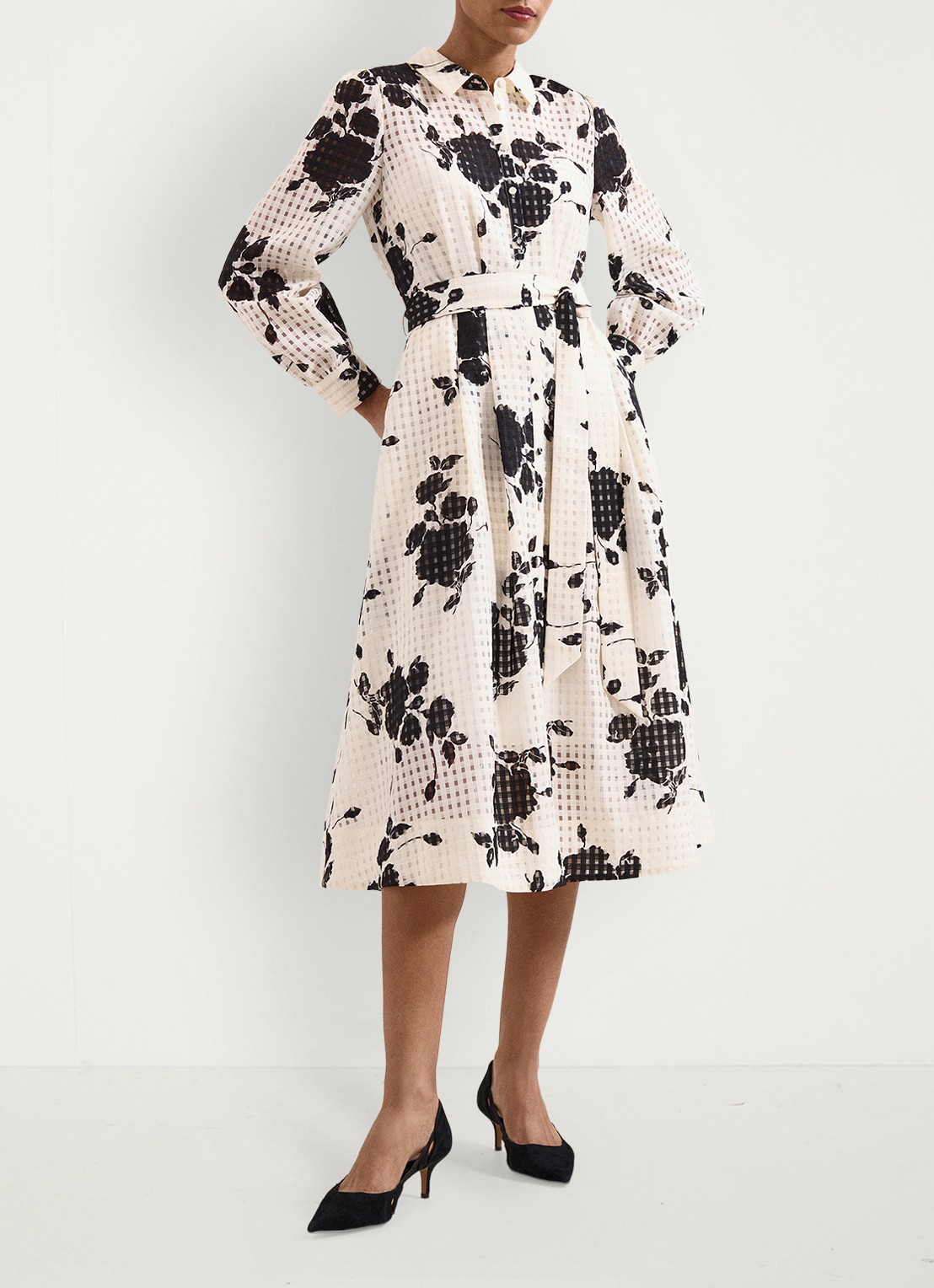Phase Eight Natalie midi blousejurk met bloemenprint en strikceintuur - voorkant 3 ivoor