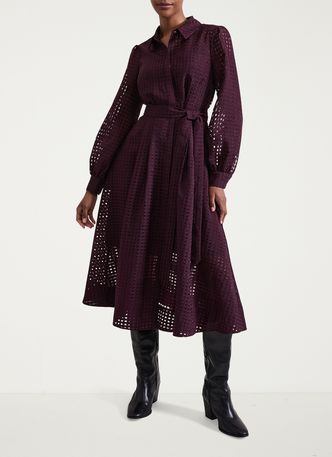 Phase Eight Natalie midi blousejurk met strikceintuur - detail donkerpaars