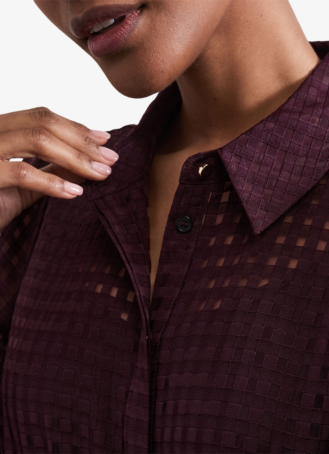 Phase Eight Natalie midi blousejurk met strikceintuur - detail 2 donkerpaars