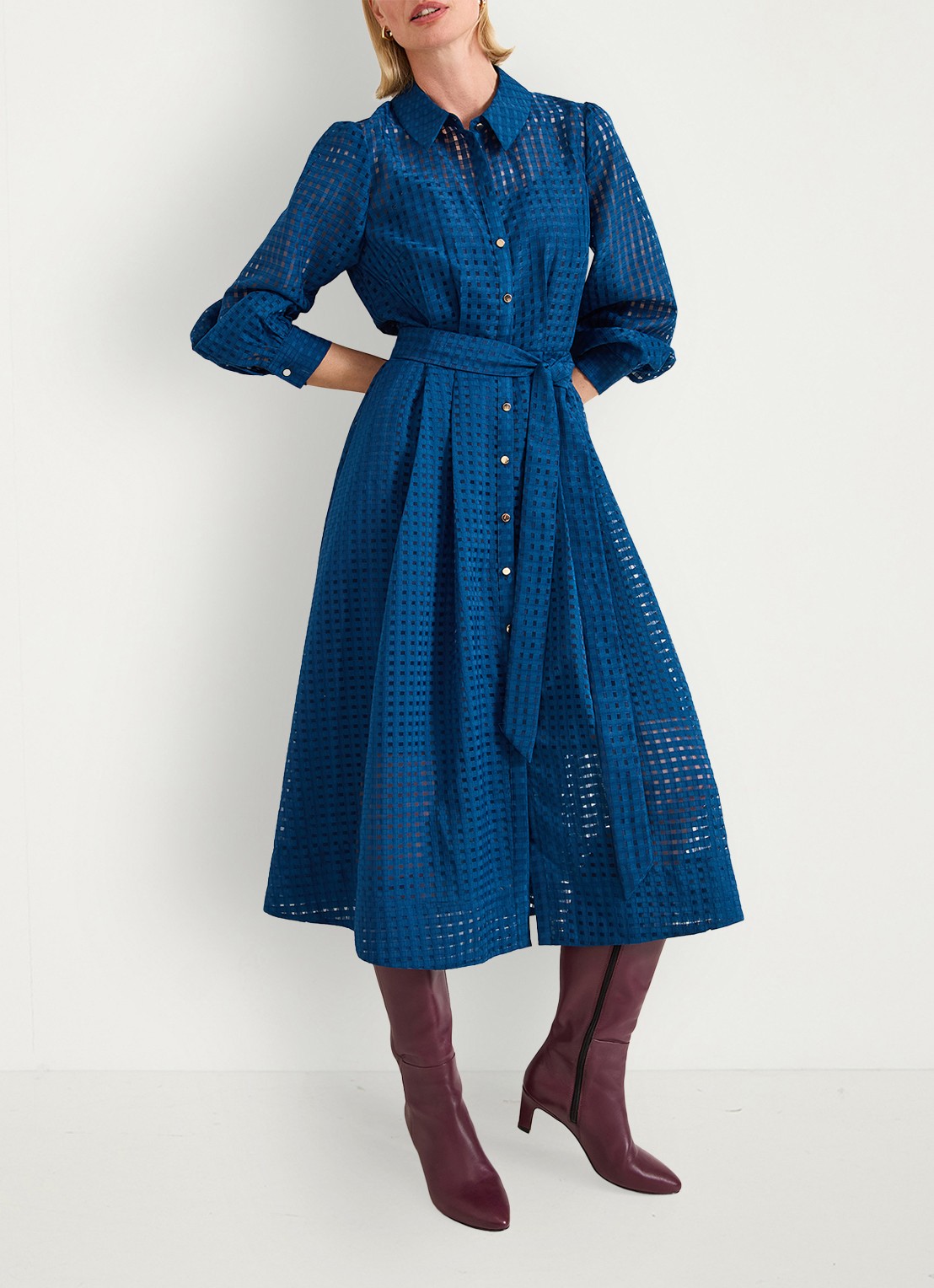 Phase Eight Natalie midi jurk met ruitdessin - voorkant 2 donkerblauw