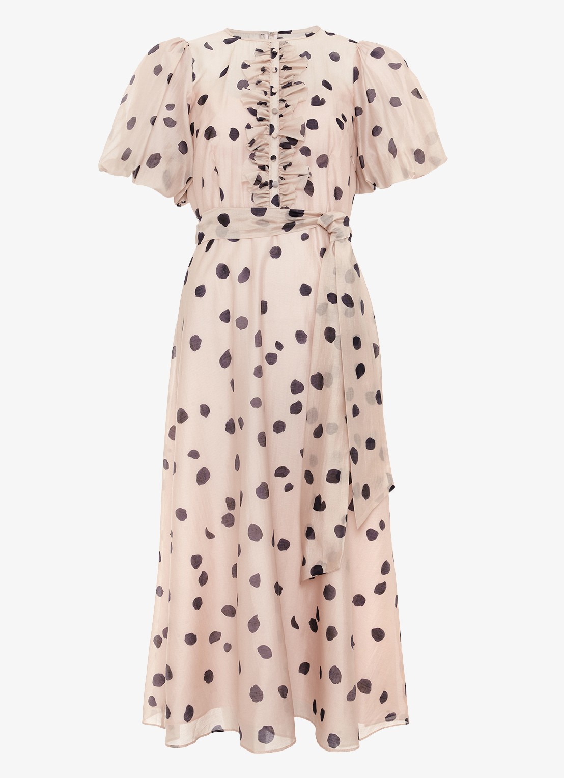 Phase Eight Nicola midi jurk  met stippenprint en strikceintuur - voorkant lichtroze