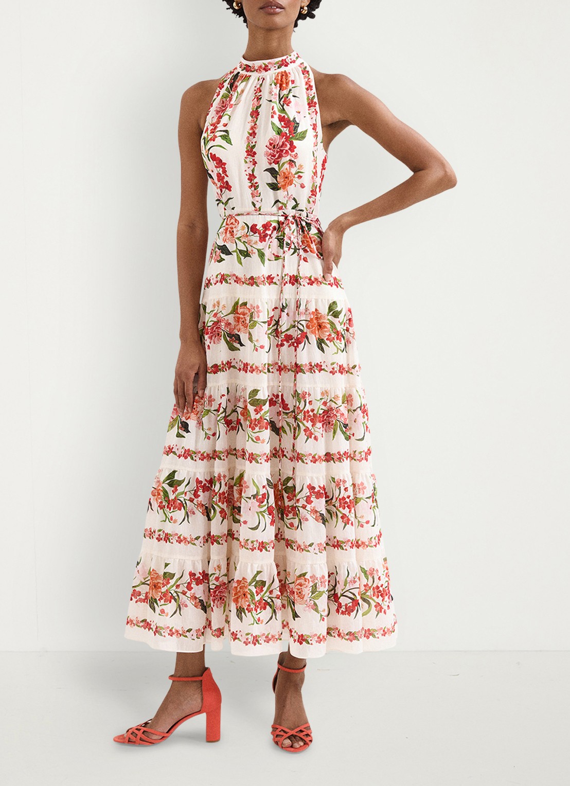 Phase Eight Nita midi jurk met bloemenprint in linnenblend - voorkant 2 cream