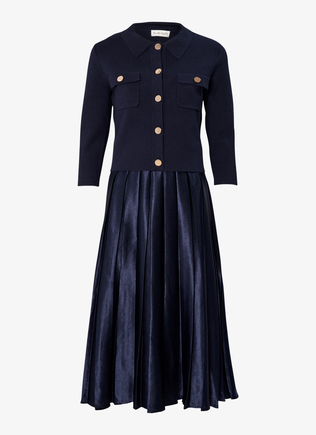 Phase Eight Penny midi jurk met plooien - voorkant donkerblauw