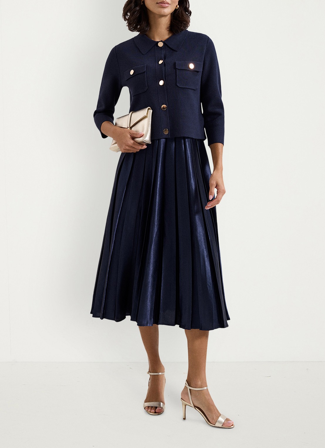 Phase Eight Penny midi jurk met plooien - voorkant 2 donkerblauw