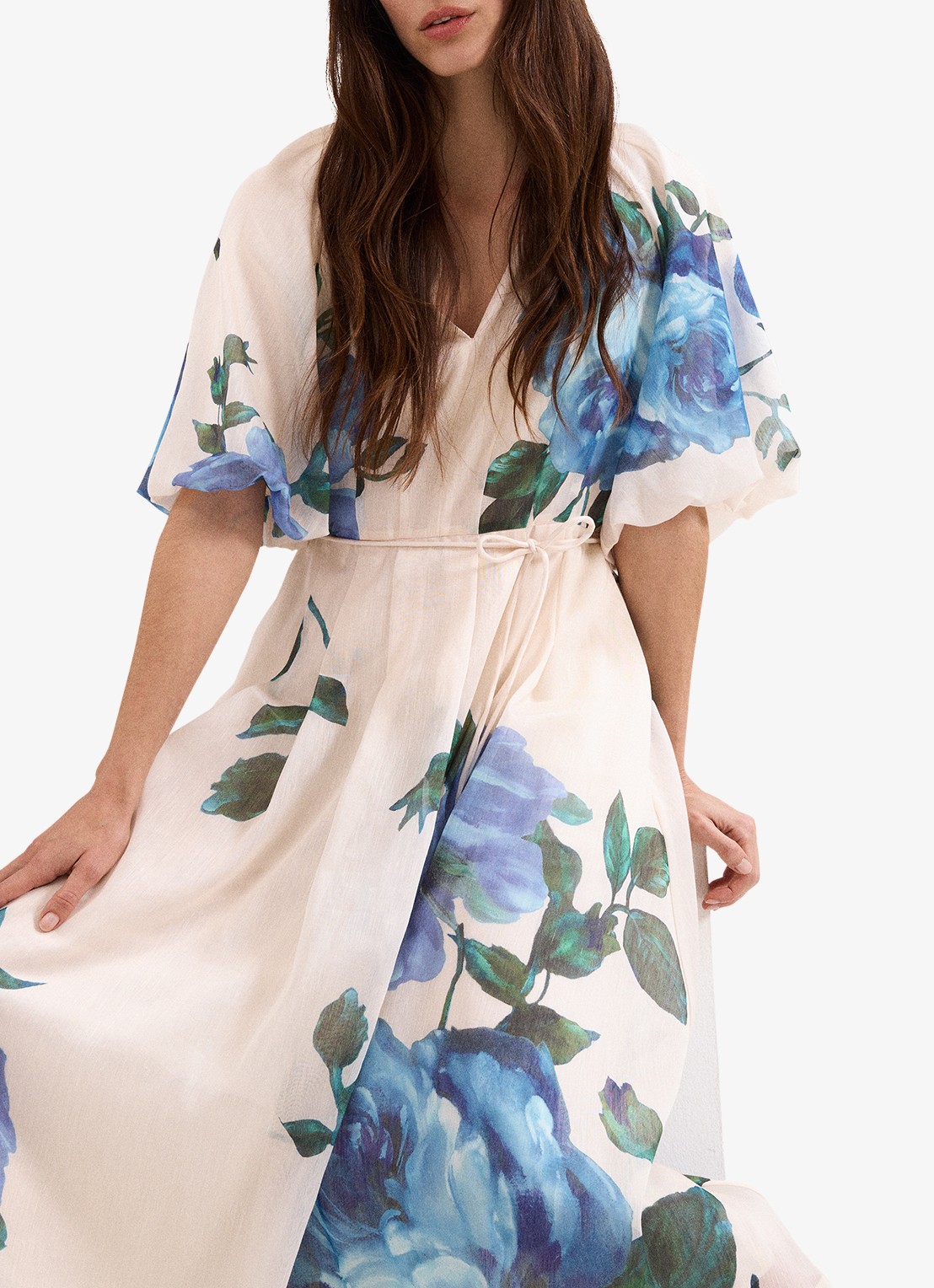 Phase Eight Petite Adeline midi jurk in linnenblend met bloemenprint - detail 4 blauw