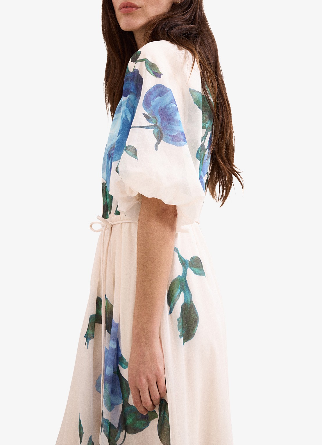 Phase Eight Petite Adeline midi jurk in linnenblend met bloemenprint - detail 7 blauw