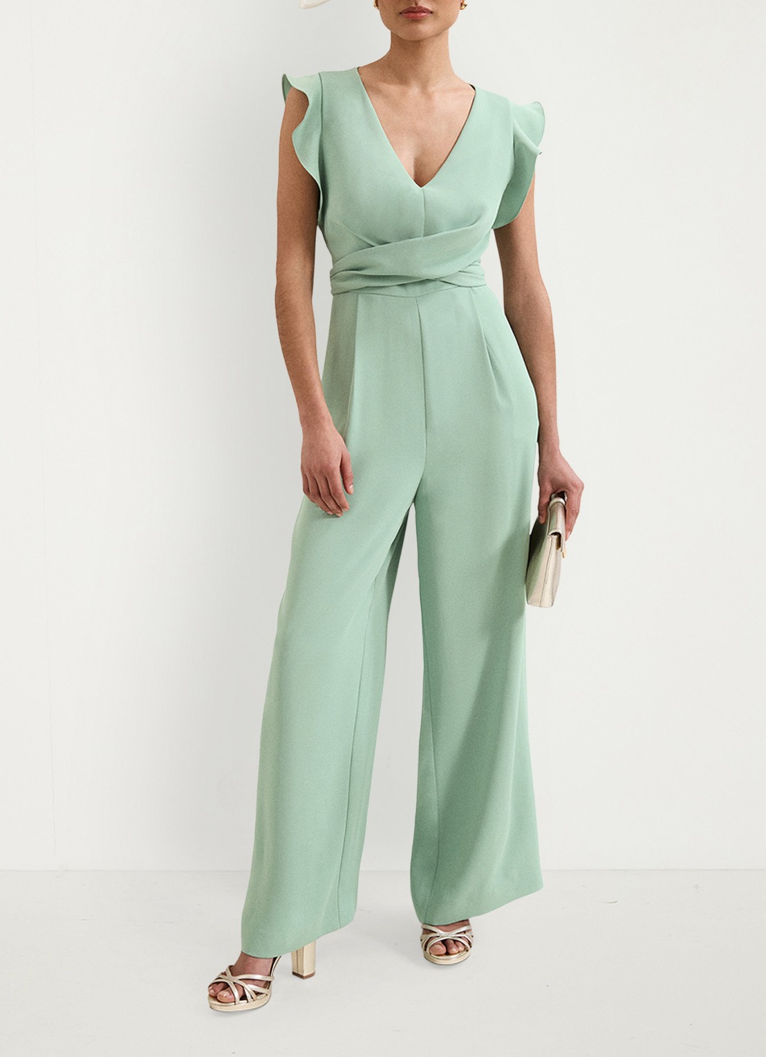 Phase Eight Petite Ayla wide fit jumpsuit met strikceintuur - voorkant 2 mint