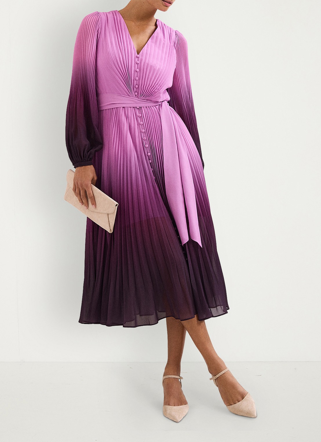 Phase Eight Petite Mira midi jurk met ballonmouwen - voorkant 8 paars