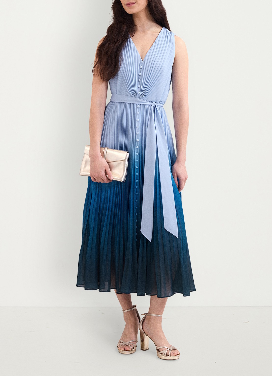 Phase Eight Petite Mira midi jurk met strikceintuur - voorkant 8 blauw