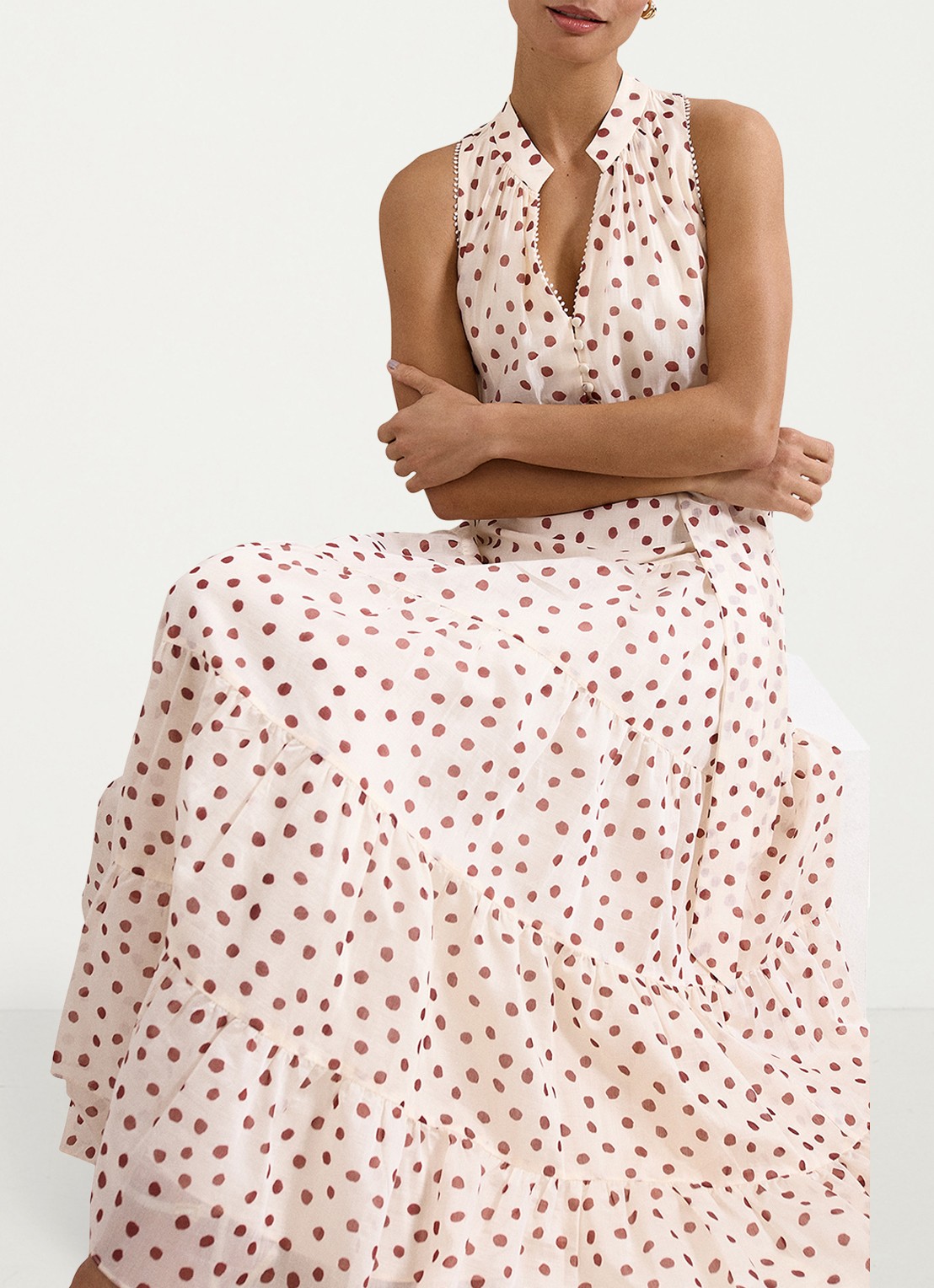 Phase Eight Petite Nita maxi jurk met stippenprint en strikceintuur - detail 7 gebroken wit
