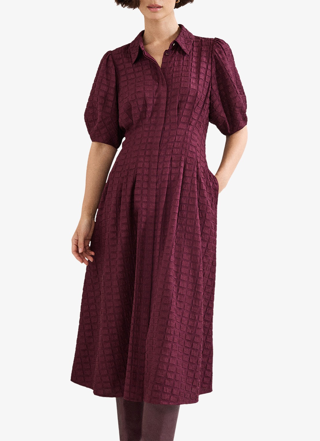 Phase Eight Petite Yasmine midi jurk met pofmouw en steekzakken - detail bordeauxrood