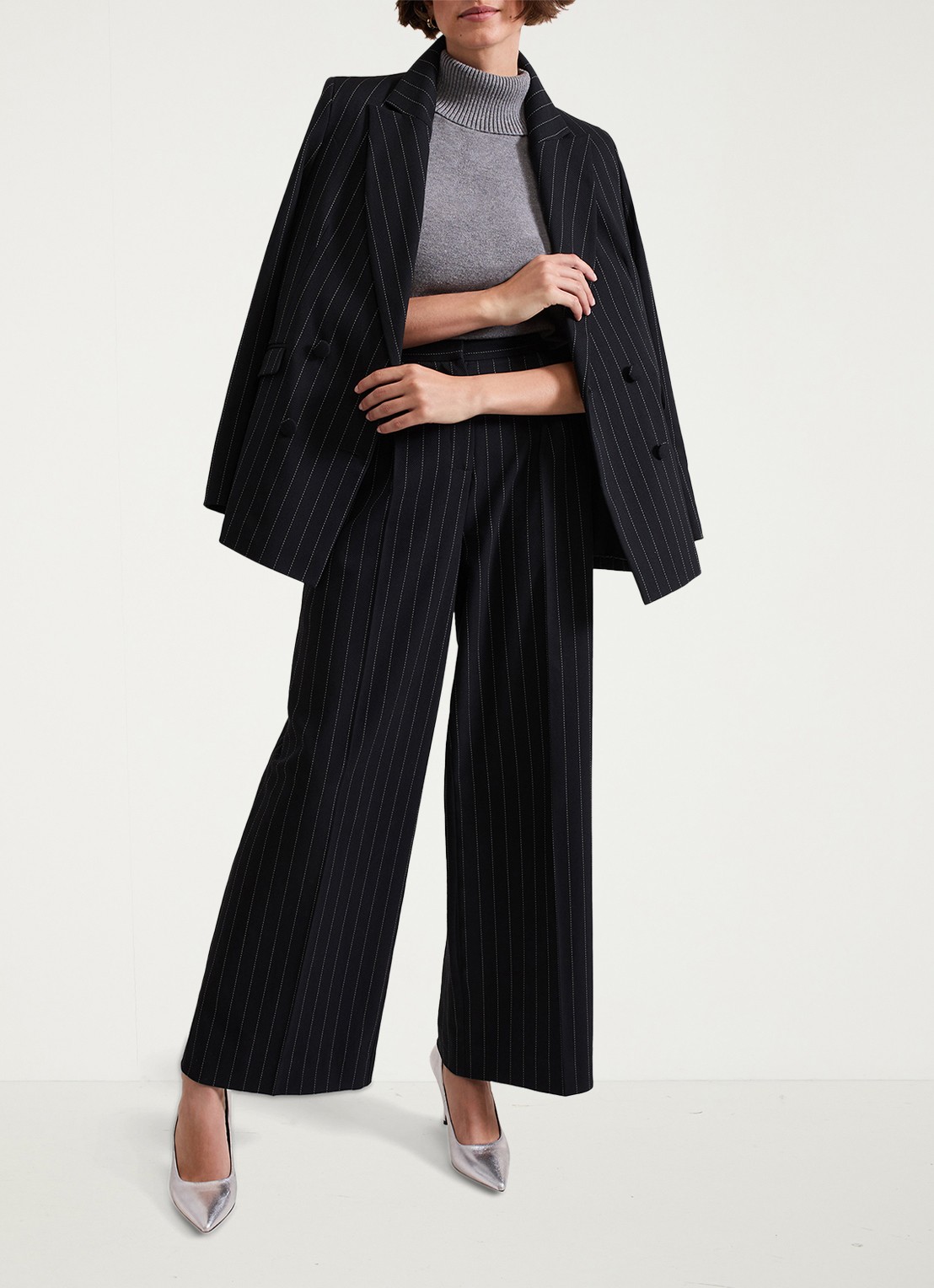 Phase Eight Pia high waist wide fit pantalon met krijtstreep en lurex - detail 5 donkerblauw
