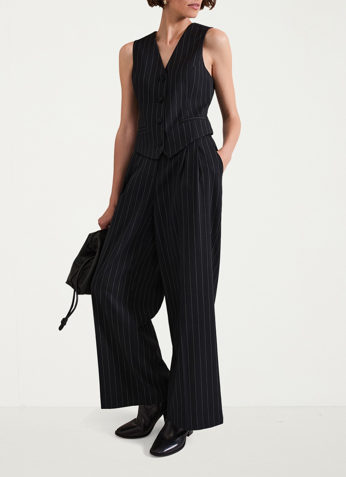 Phase Eight Pia high waist wide fit pantalon met krijtstreep en lurex - voorkant 2 donkerblauw