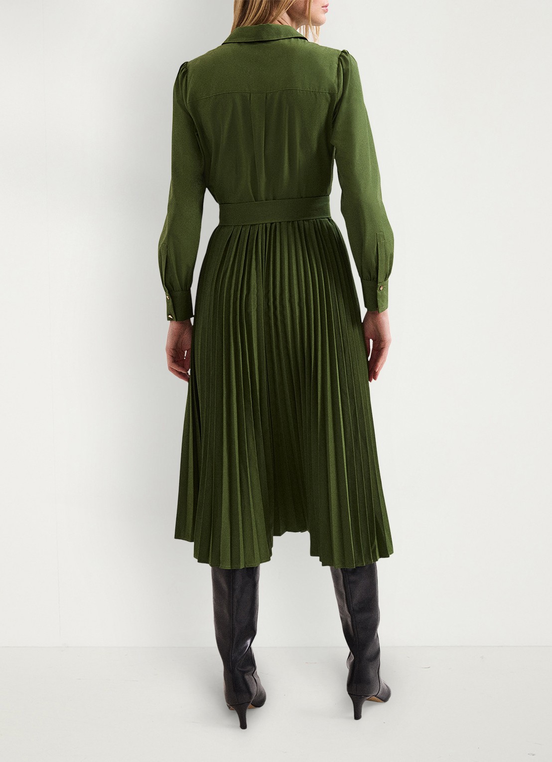 Phase Eight Pleated midi jurk met pofmouwen - achterkant 3 olijfgroen