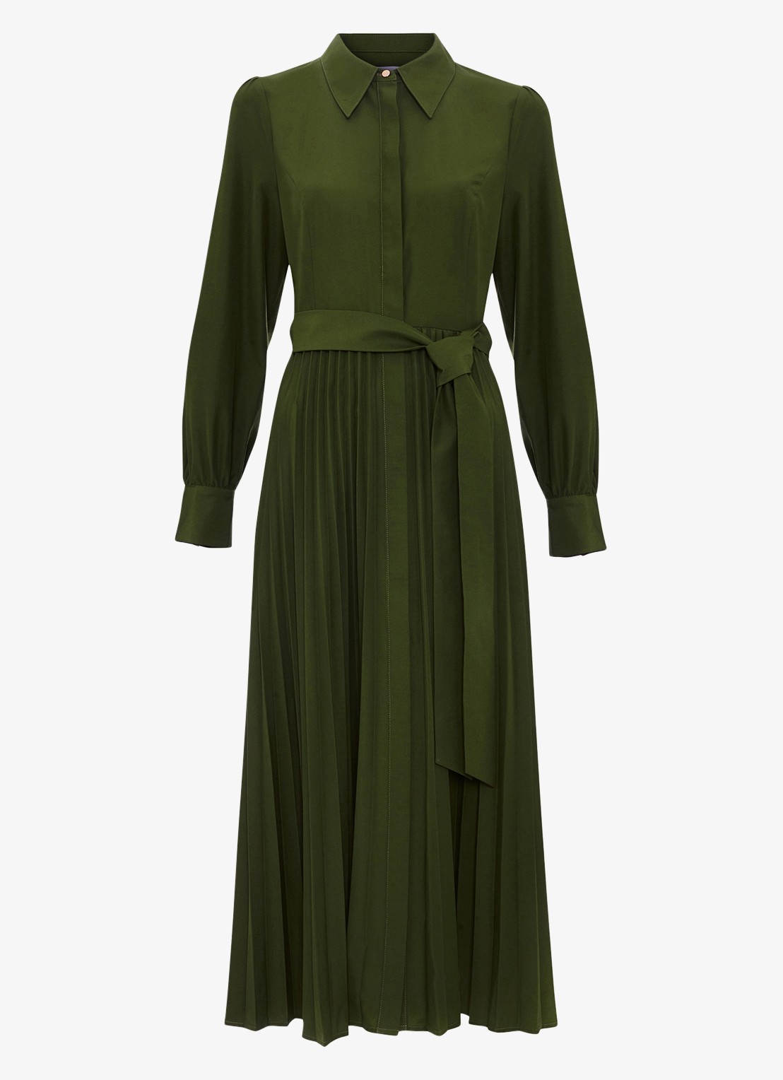 Phase Eight Pleated midi jurk met pofmouwen - voorkant olijfgroen