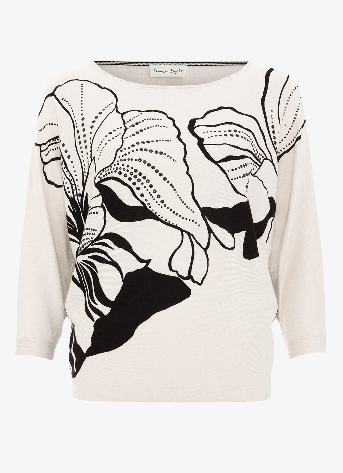 Phase Eight Poppie fijngebreide top met bladprint en studs - voorkant 2 ivoor