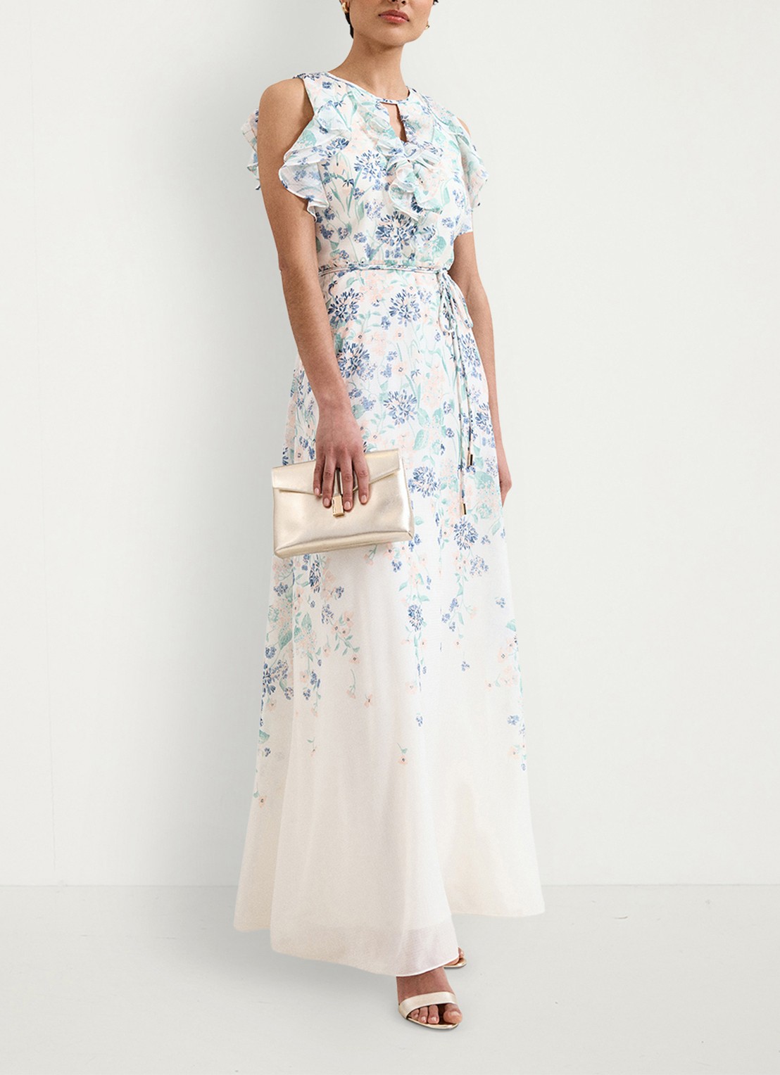 Phase Eight Rachel maxi jurk met bloemenprint en strikceintuur - voorkant 3 creme