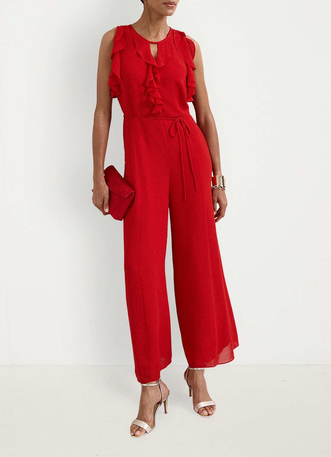 Phase Eight Rachel wide fit jumpsuit met ruches - voorkant 3 vuurrood